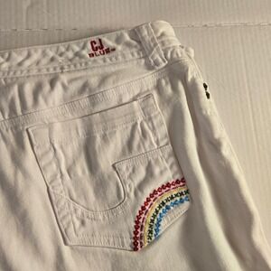 Vintage CJ Blue Womens Bermuda Shorts White  Size 14 Denim  Rainbow Embroidery